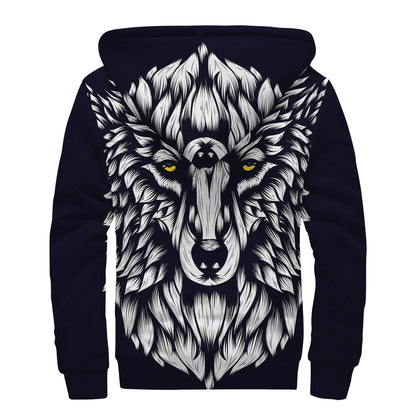 Navy And White Wolf Print Sherpa Lined Zip Up Hoodie