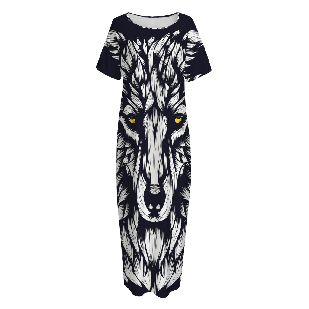 Navy And White Wolf Print Short Sleeve Long Nightdress