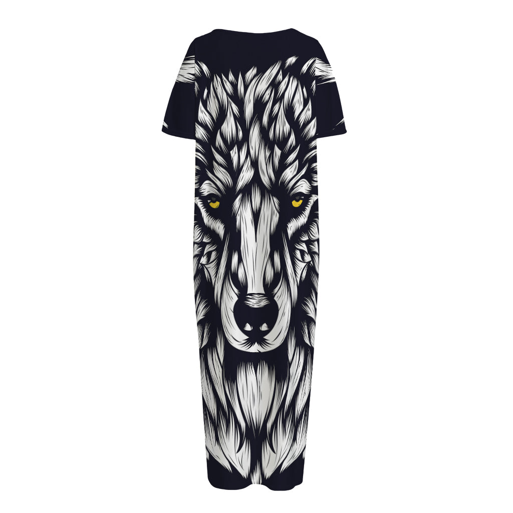 Navy And White Wolf Print Short Sleeve Long Nightdress