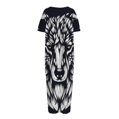 Navy And White Wolf Print Short Sleeve Long Nightdress