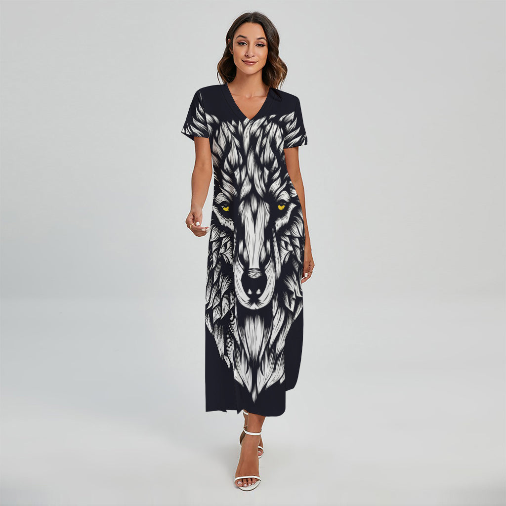 Navy And White Wolf Print Short Sleeve Maxi Dress