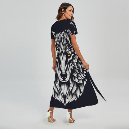Navy And White Wolf Print Short Sleeve Maxi Dress