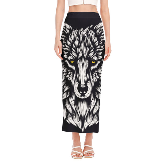 Navy And White Wolf Print Side Slit Maxi Skirt