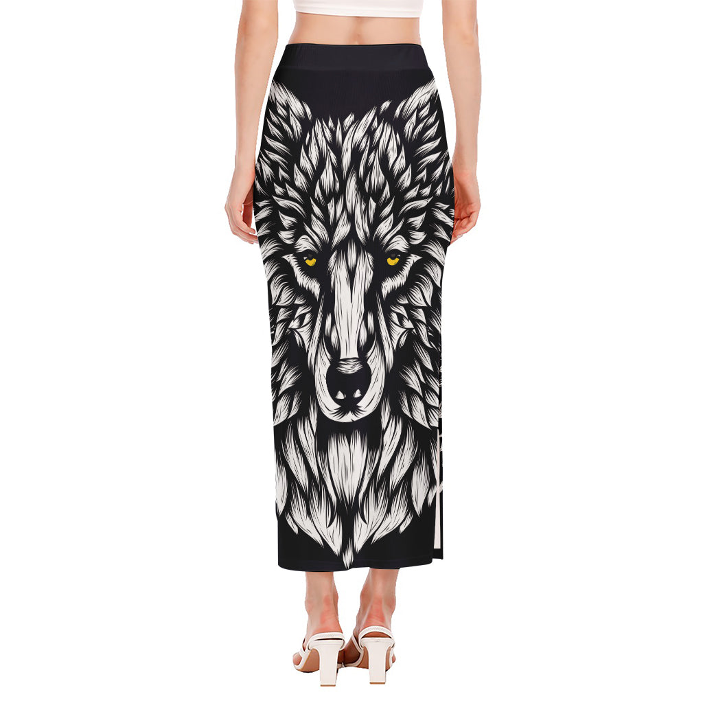 Navy And White Wolf Print Side Slit Maxi Skirt