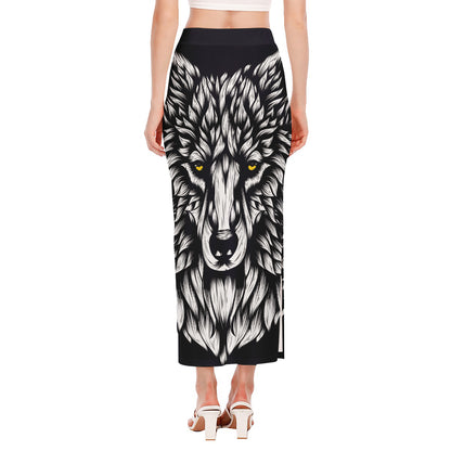 Navy And White Wolf Print Side Slit Maxi Skirt