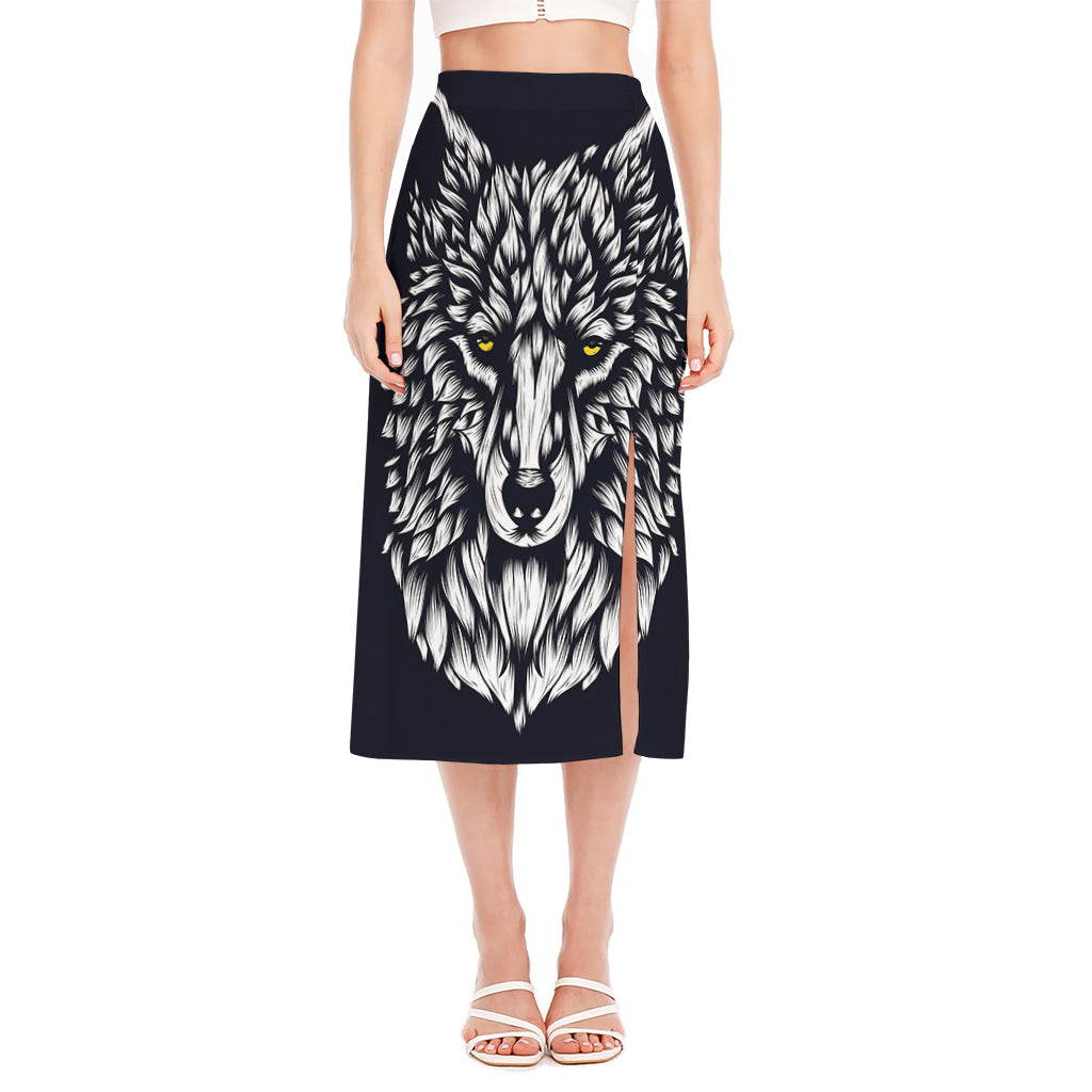 Navy And White Wolf Print Side Slit Midi Skirt