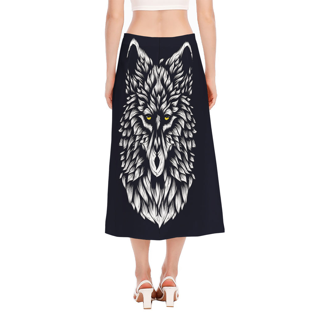 Navy And White Wolf Print Side Slit Midi Skirt