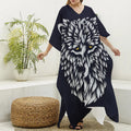 Navy And White Wolf Print Silk V-Neck Kaftan Dress