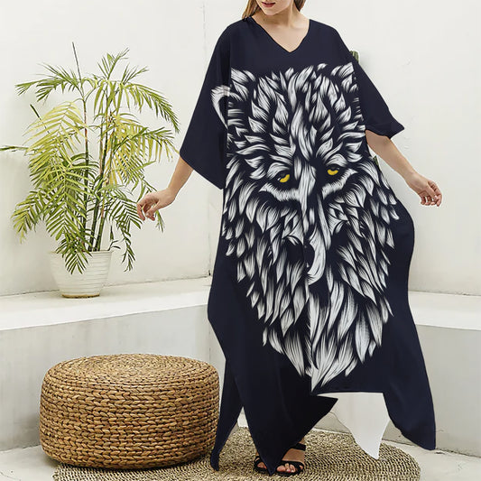 Navy And White Wolf Print Silk V-Neck Kaftan Dress