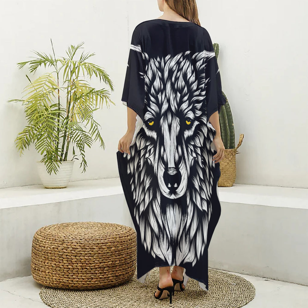 Navy And White Wolf Print Silk V-Neck Kaftan Dress