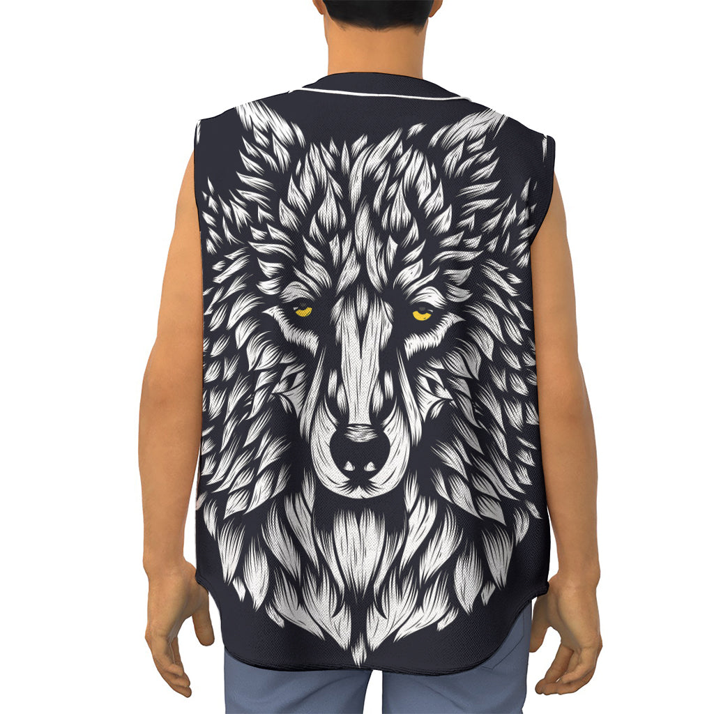 Navy And White Wolf Print Sleeveless Baseball Jersey