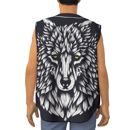 Navy And White Wolf Print Sleeveless Baseball Jersey