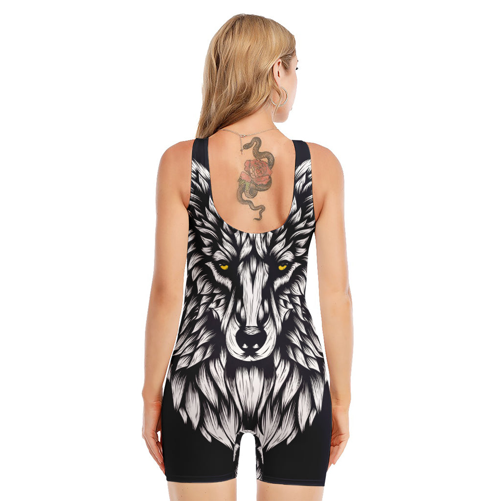 Navy And White Wolf Print Sleeveless One Piece Swimsuit