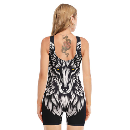 Navy And White Wolf Print Sleeveless One Piece Swimsuit