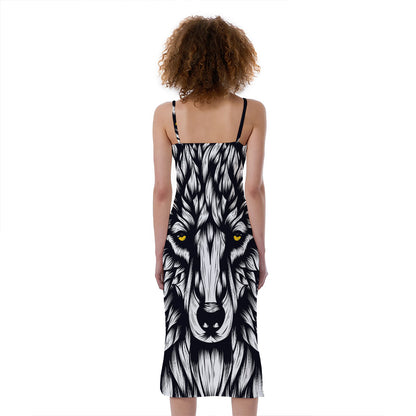 Navy And White Wolf Print Slim Fit Midi Cami Dress