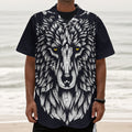 Navy And White Wolf Print Textured Short Sleeve Shirt