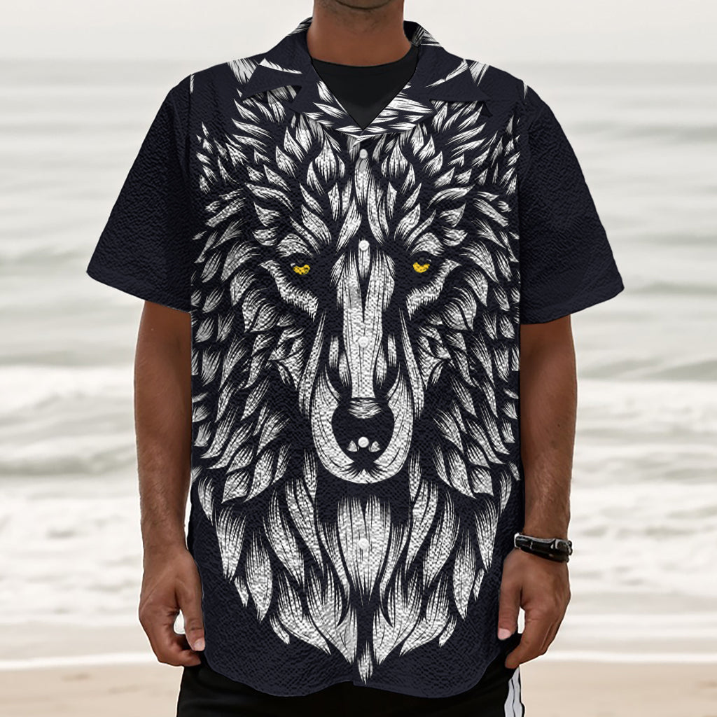 Navy And White Wolf Print Textured Short Sleeve Shirt