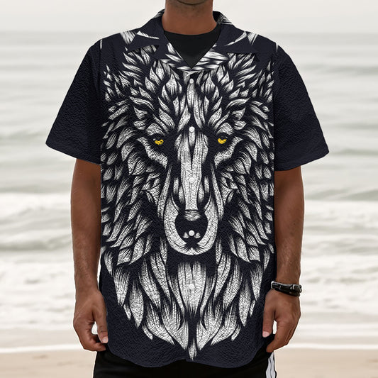 Navy And White Wolf Print Textured Short Sleeve Shirt