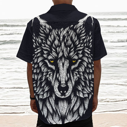 Navy And White Wolf Print Textured Short Sleeve Shirt