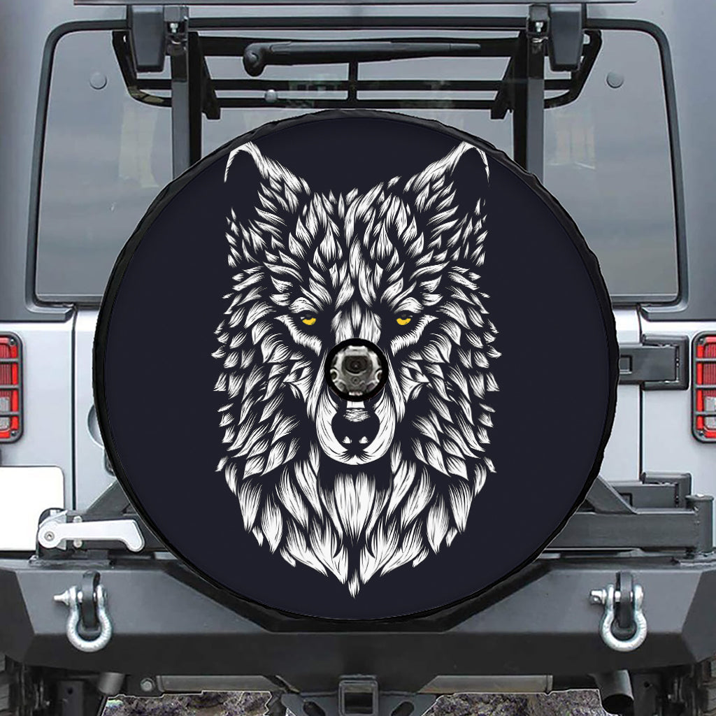 Navy And White Wolf Print Tire Cover With Camera Hole
