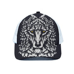 Navy And White Wolf Print White Mesh Trucker Cap