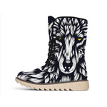 Navy And White Wolf Print Winter Boots