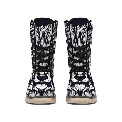 Navy And White Wolf Print Winter Boots