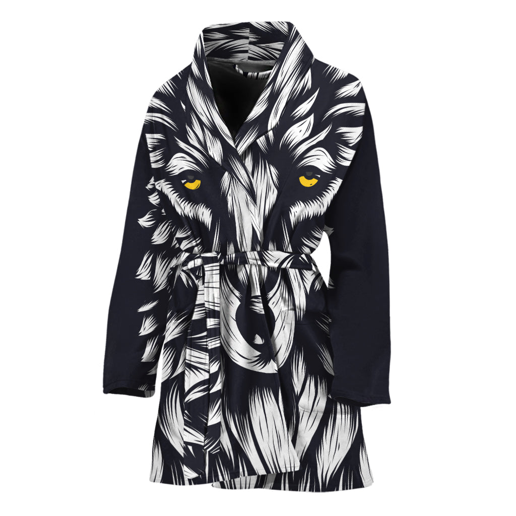 Navy And White Wolf Print Women's Bathrobe