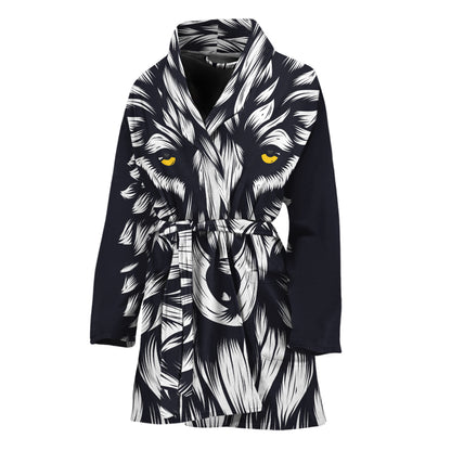 Navy And White Wolf Print Women's Bathrobe