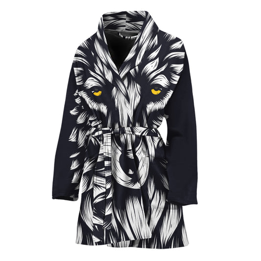 Navy And White Wolf Print Women's Bathrobe