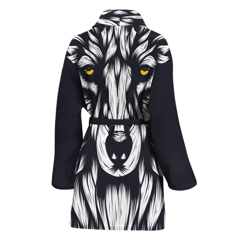 Navy And White Wolf Print Women's Bathrobe