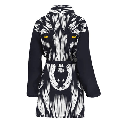 Navy And White Wolf Print Women's Bathrobe