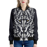 Navy And White Wolf Print Women's Bomber Jacket