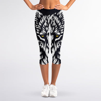 Navy And White Wolf Print Women's Capri Leggings