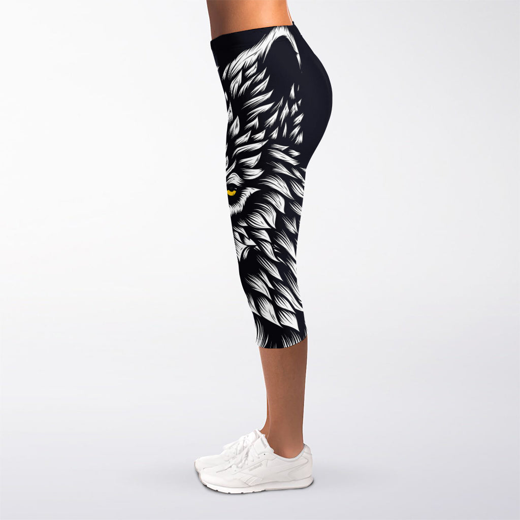 Navy And White Wolf Print Women's Capri Leggings