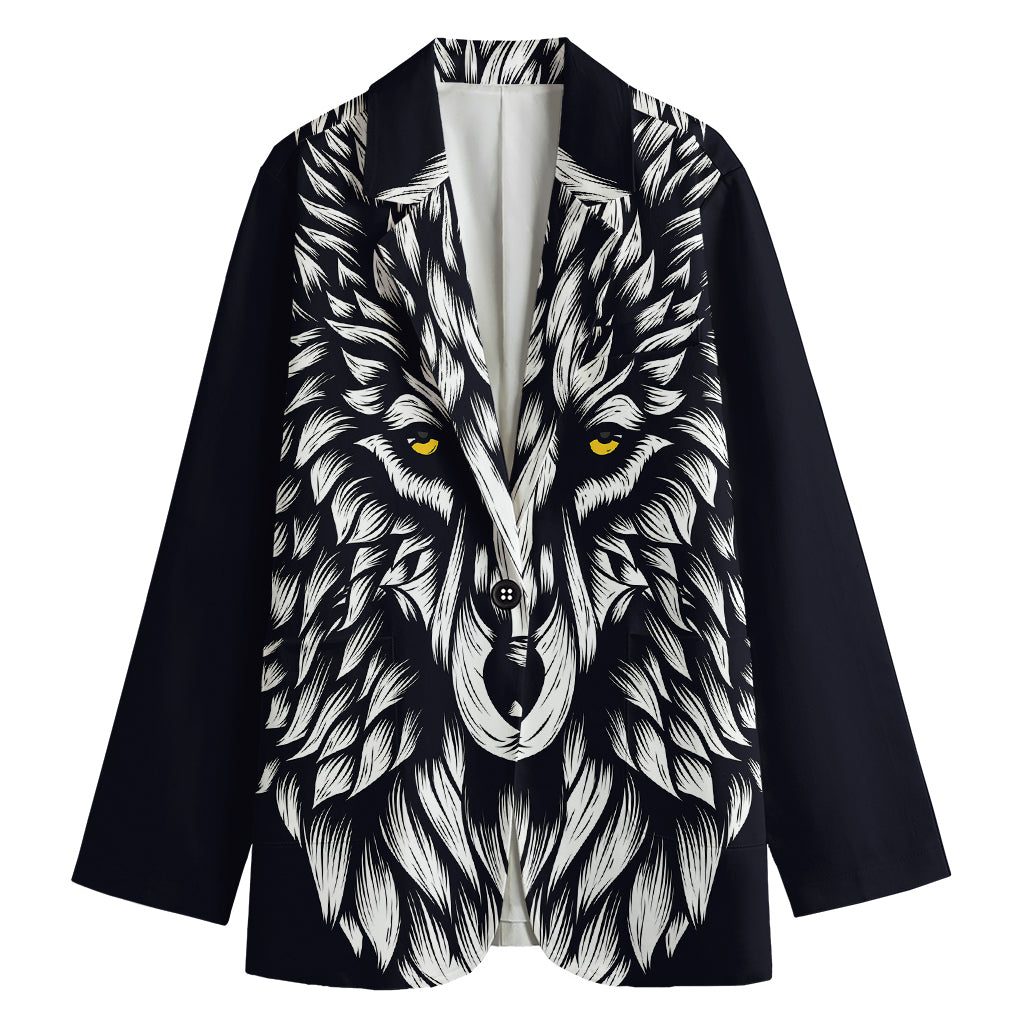 Navy And White Wolf Print Women's Cotton Blazer