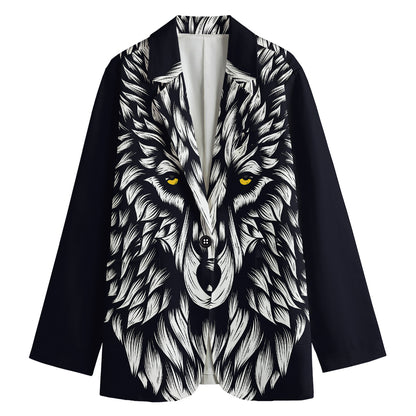 Navy And White Wolf Print Women's Cotton Blazer