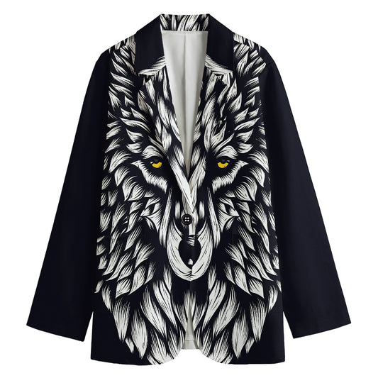 Navy And White Wolf Print Women's Cotton Blazer