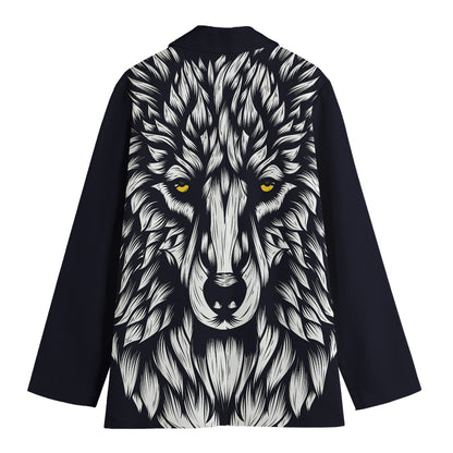 Navy And White Wolf Print Women's Cotton Blazer