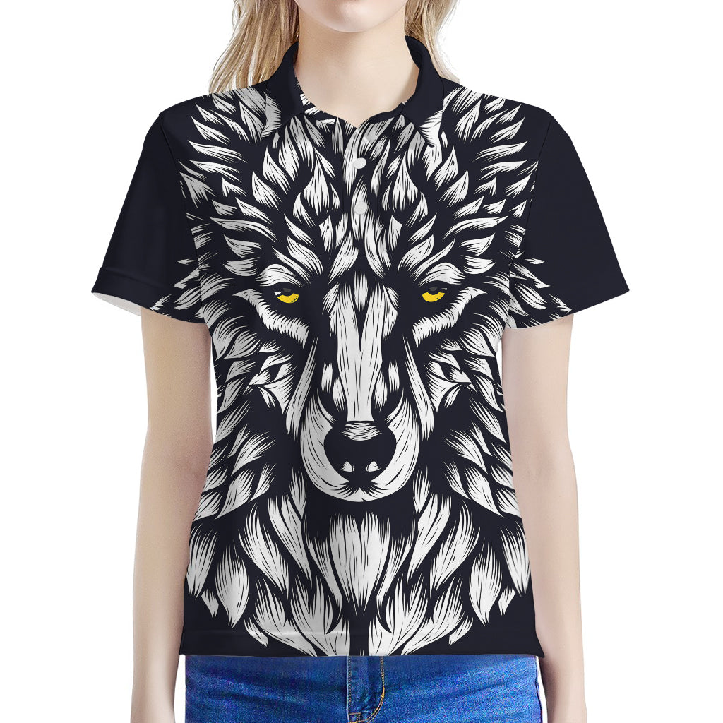 Navy And White Wolf Print Women's Polo Shirt