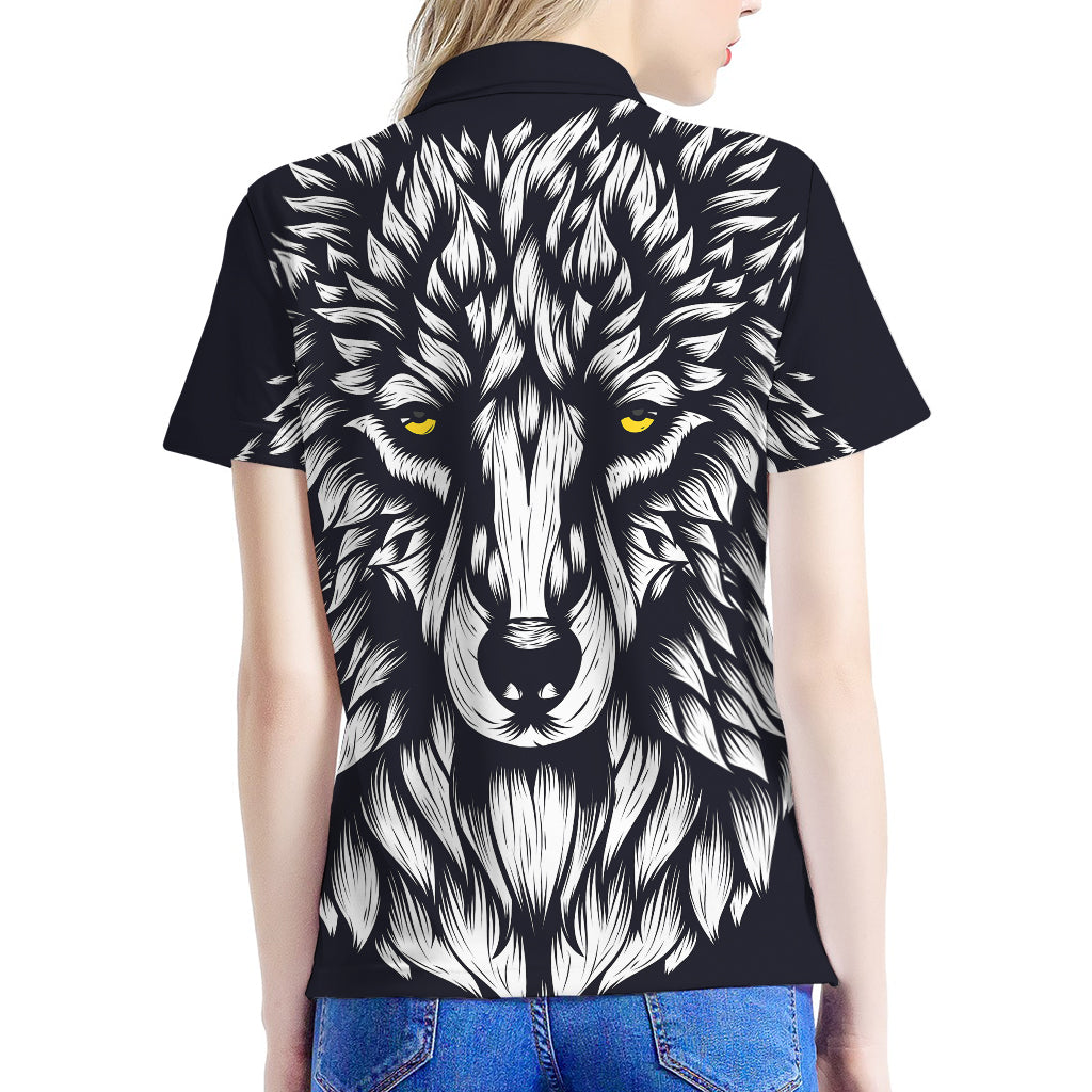 Navy And White Wolf Print Women's Polo Shirt