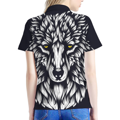 Navy And White Wolf Print Women's Polo Shirt