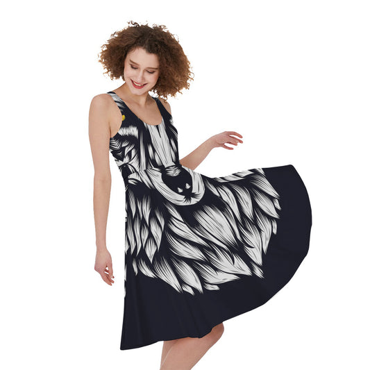 Navy And White Wolf Print Women's Sleeveless Dress