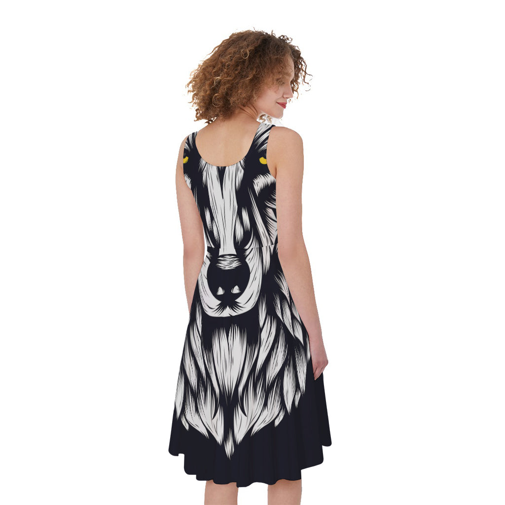 Navy And White Wolf Print Women's Sleeveless Dress
