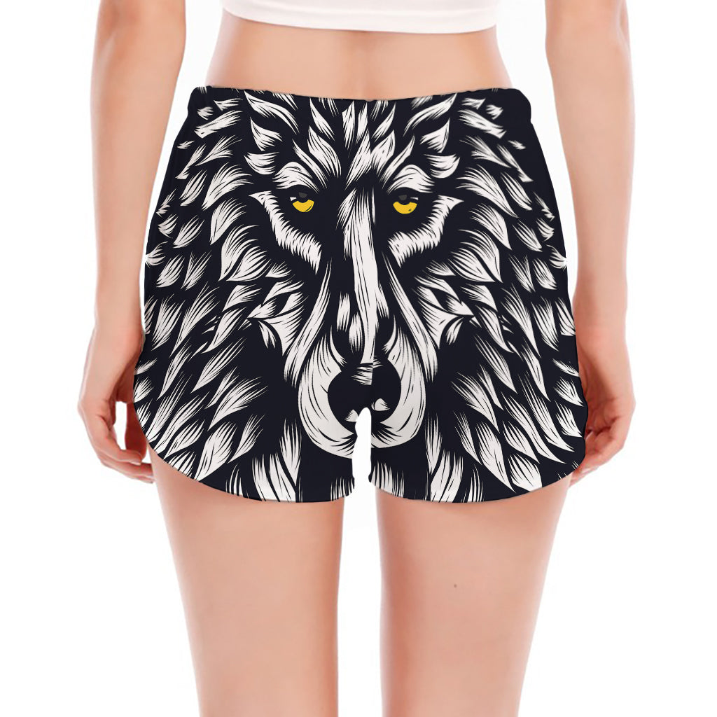Navy And White Wolf Print Women's Split Running Shorts