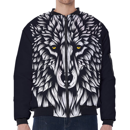 Navy And White Wolf Print Zip Sleeve Bomber Jacket