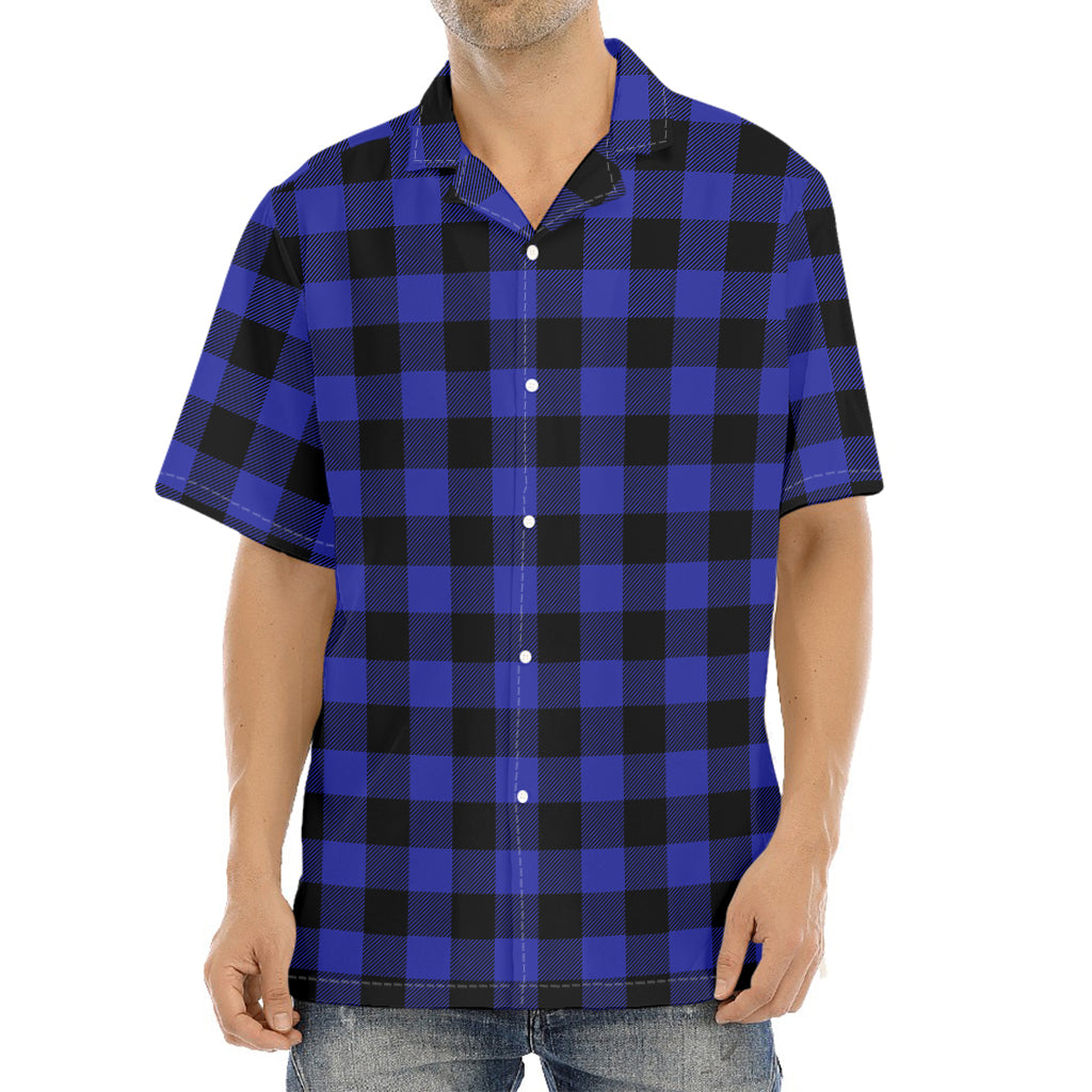 Navy Blue And Black Buffalo Check Print Aloha Shirt