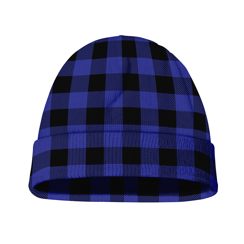 Navy Blue And Black Buffalo Check Print Beanie
