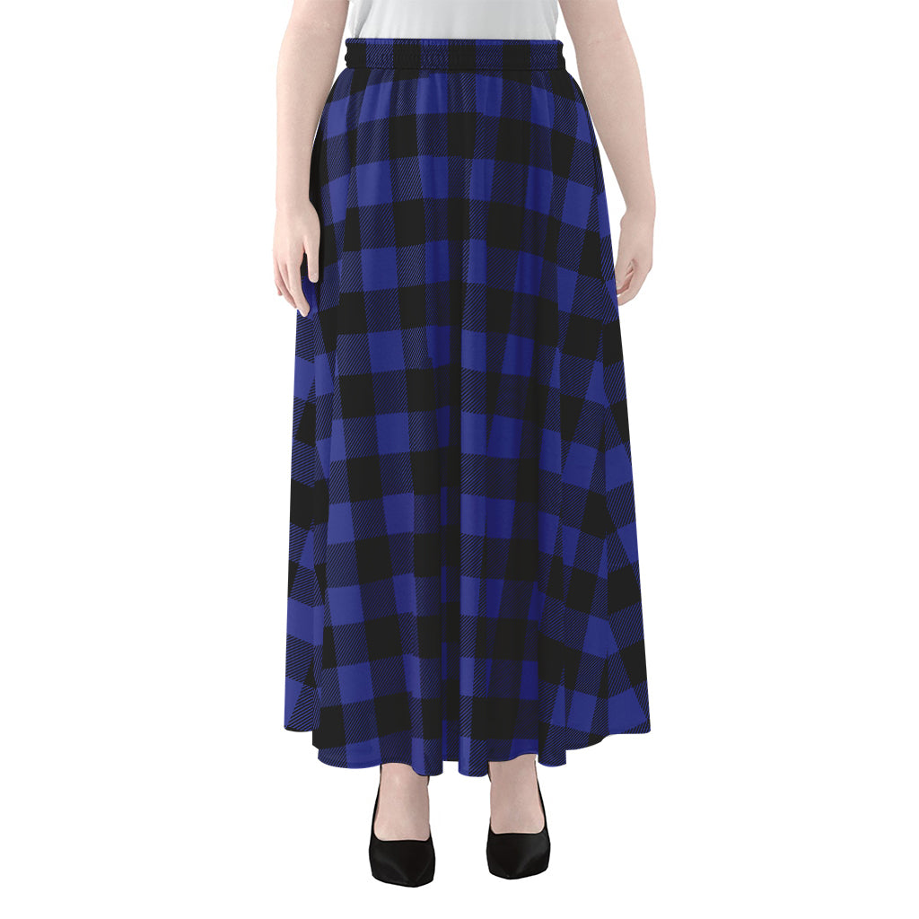Navy Blue And Black Buffalo Check Print Chiffon Maxi Skirt