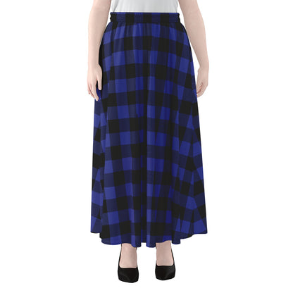 Navy Blue And Black Buffalo Check Print Chiffon Maxi Skirt